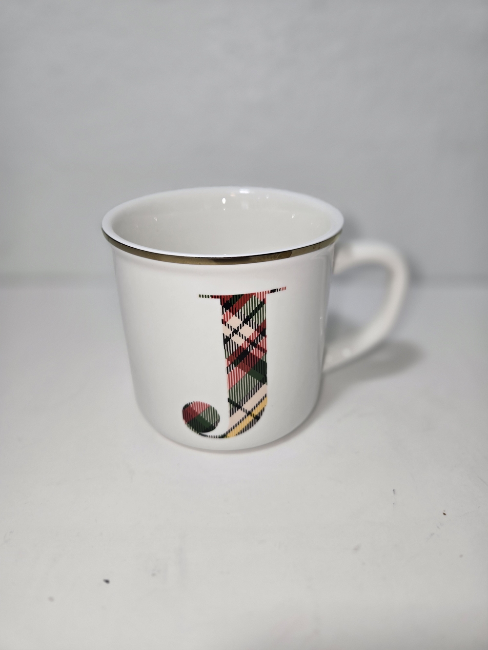 Pottery Barn White Mug with Plaid 'J' and Gold Rim